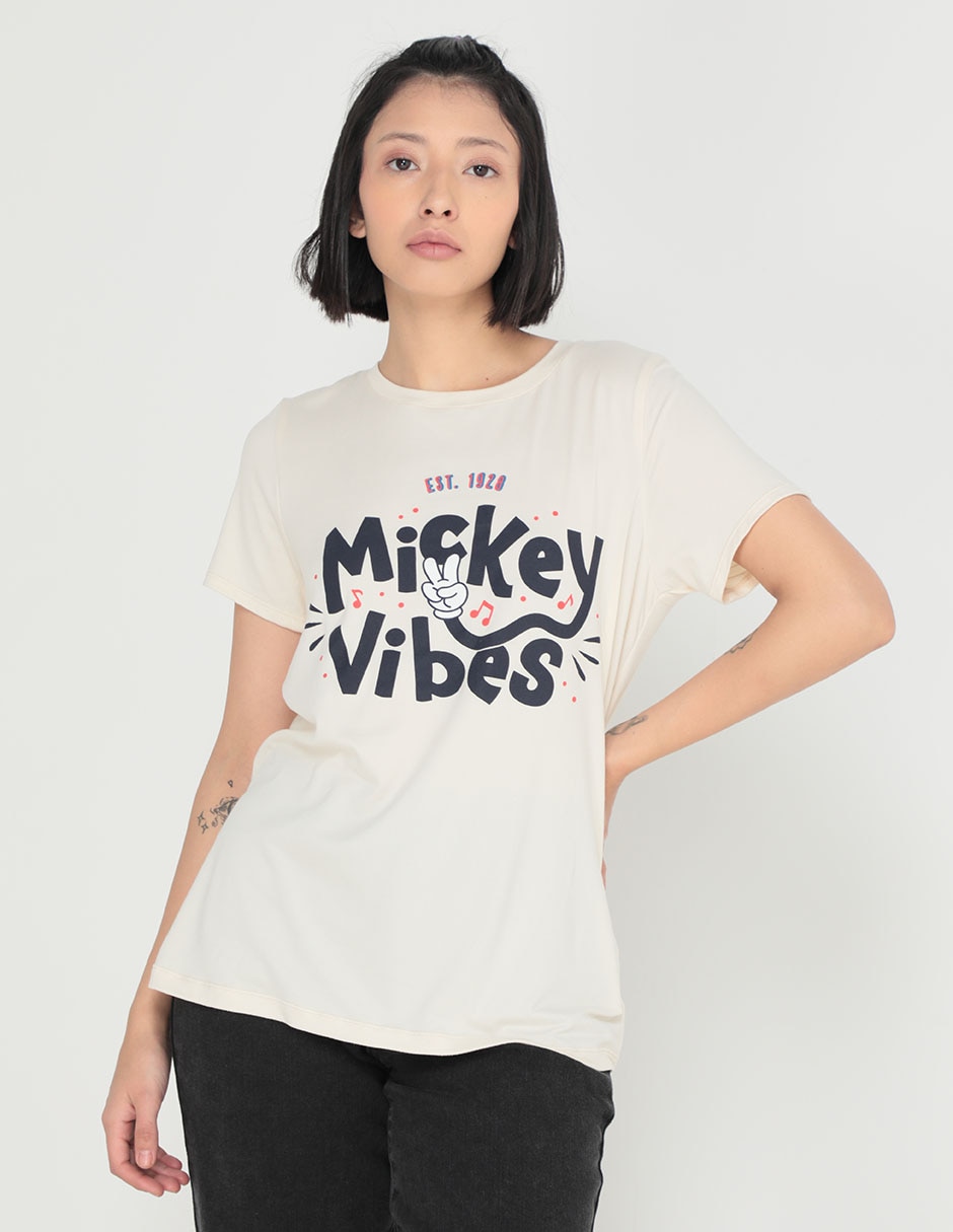 Camiseta de Disney con cuello en V para mujer, diseño de Mickey y Minnie