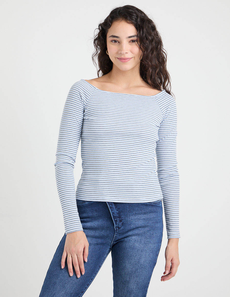 Playera manga larga cuello ojal para mujer