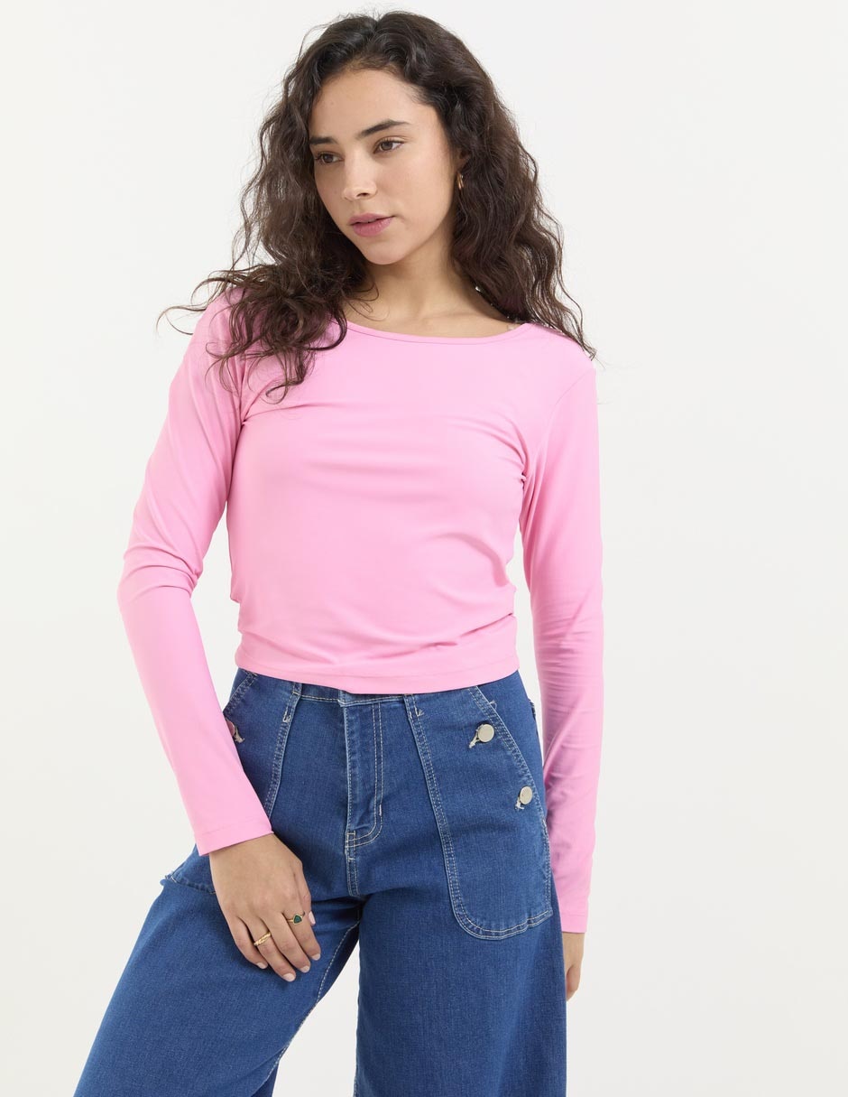 Playera manga larga cuello ojal para mujer