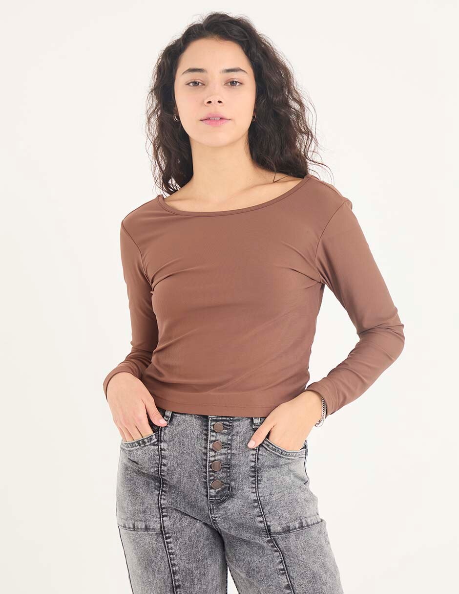 Playera manga larga cuello ojal para mujer