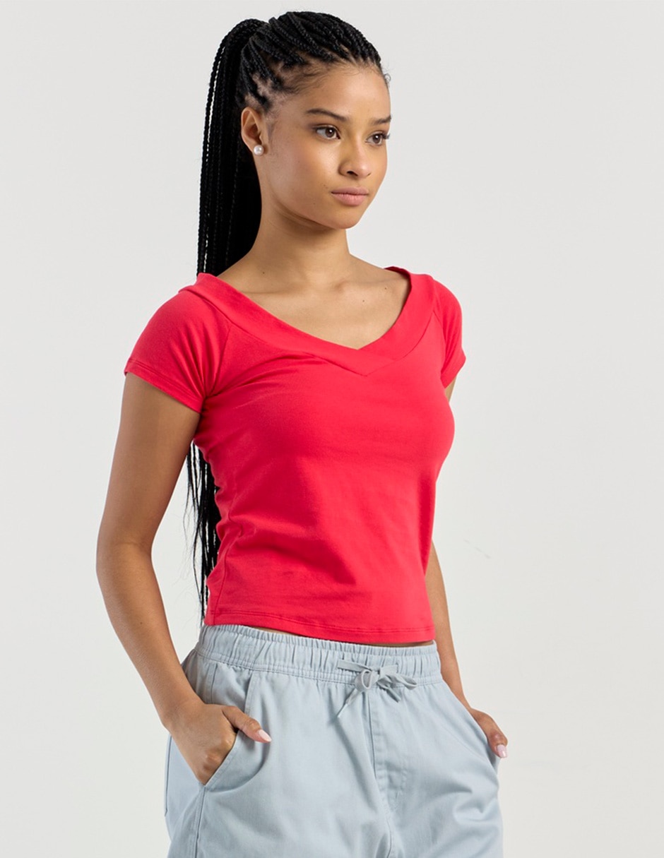Playera manga corta cuello V para mujer