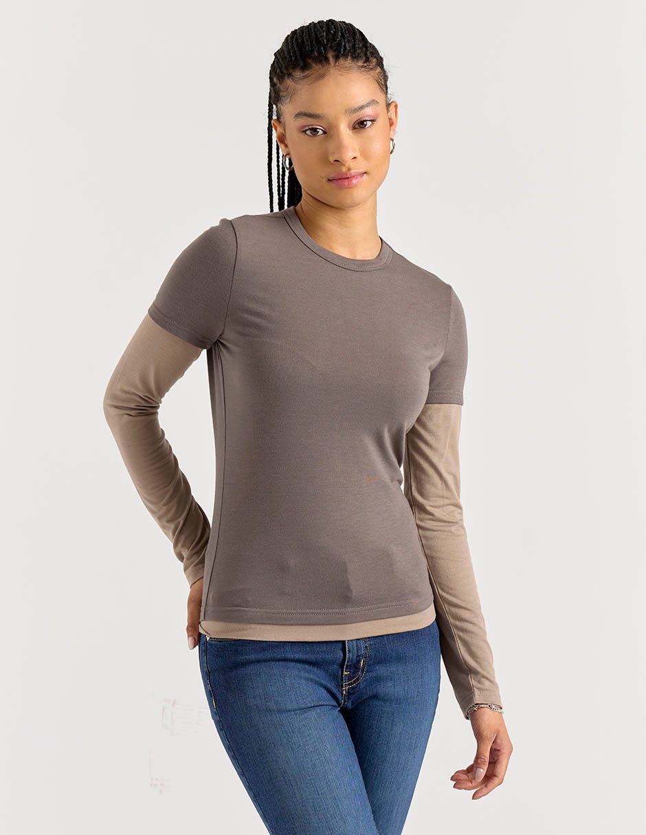 Playera manga larga cuello redondo para mujer